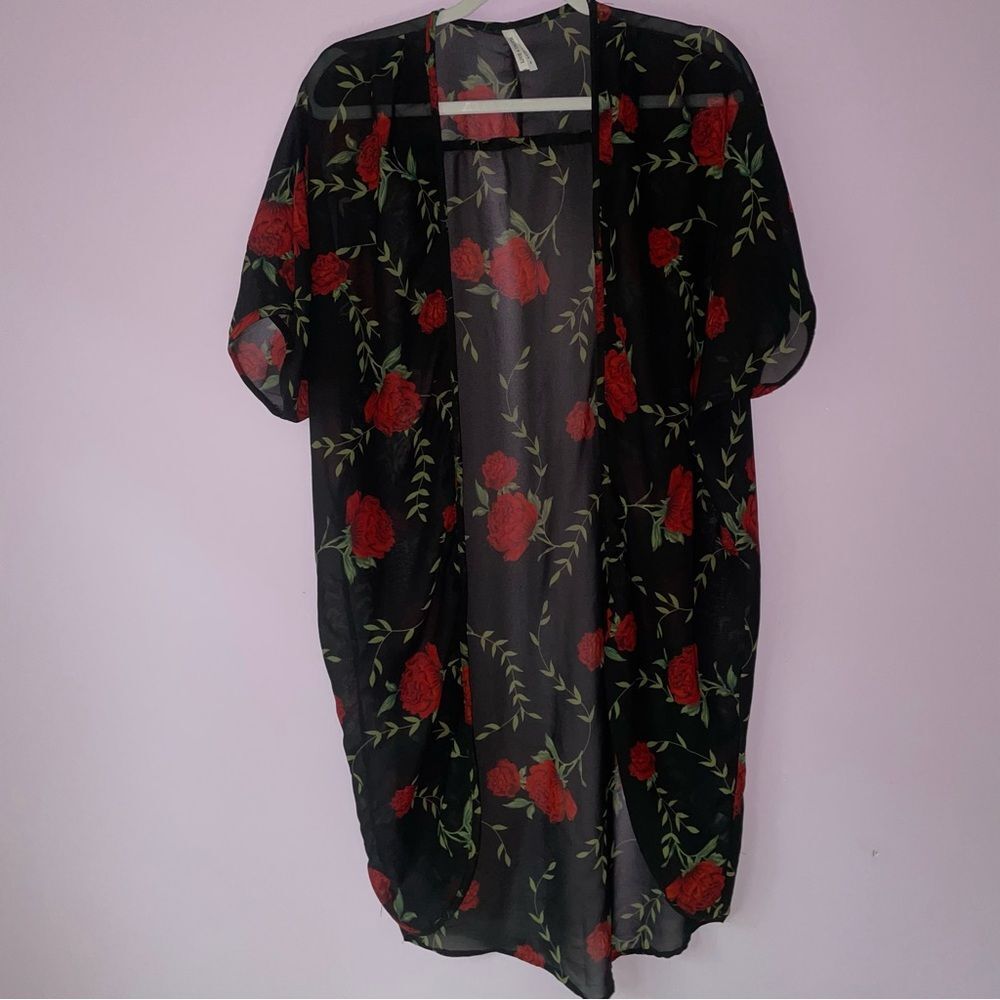 Live 4 Truth S Cardigan Black Sheer Longline Short Sleeve Rose Swim Kimono